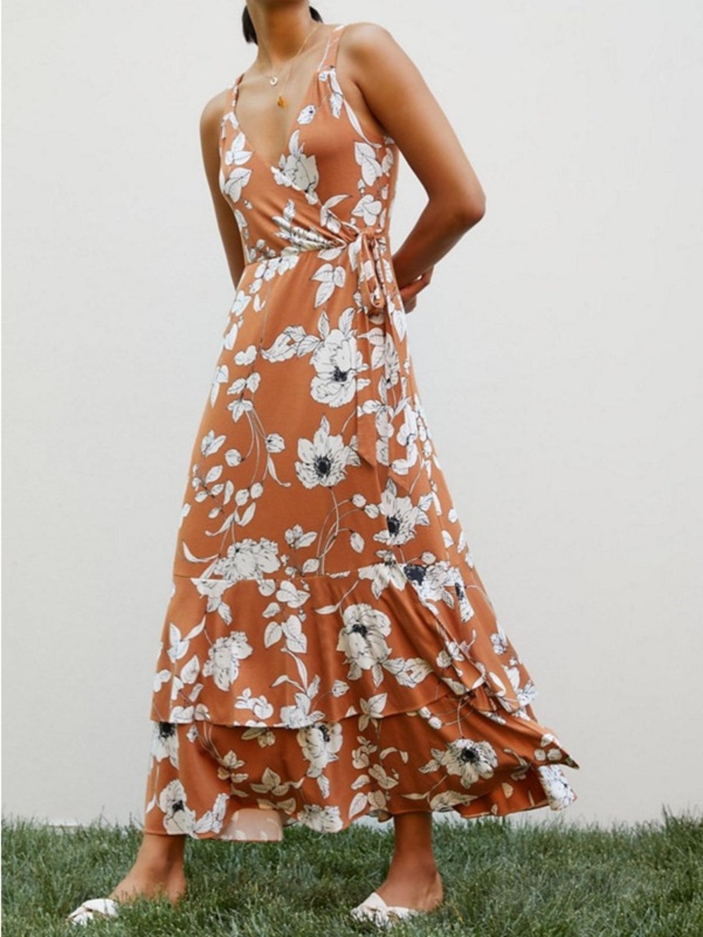 Anthropologie Floral Wrap Maxi Dress Sleeveless in Orange